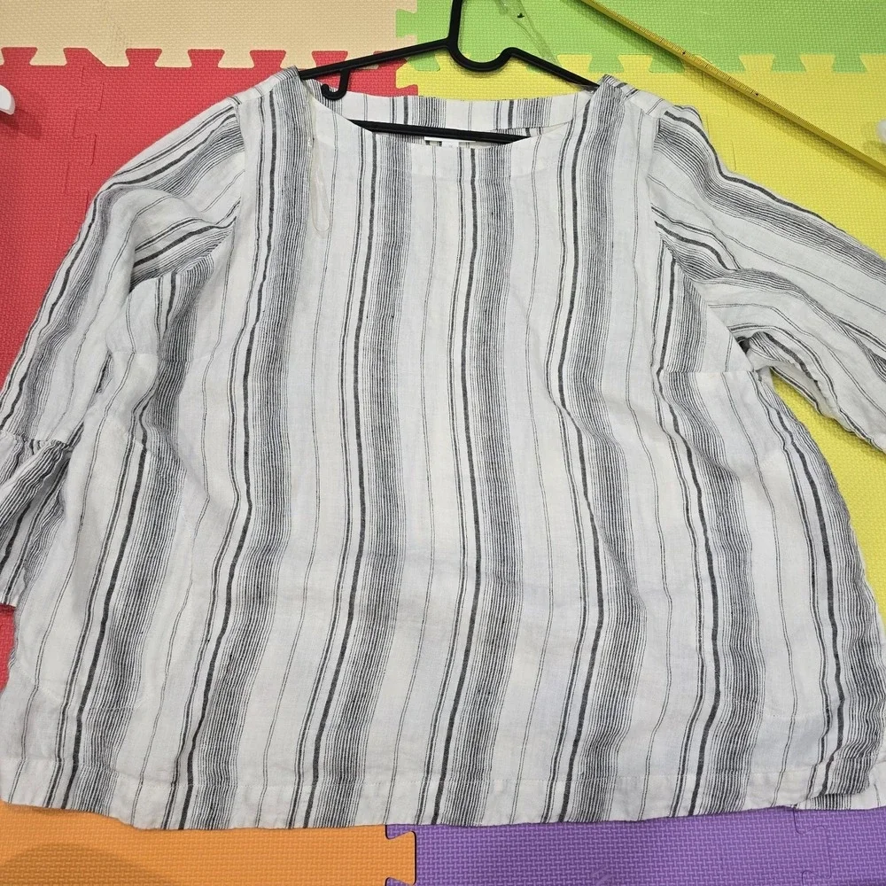 Charter Club Women's 2X Top‎ 100% Linen Striped Ruffle Bell Sleeve Boho Blouse